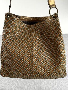 Sondra Roberts Women's Woven Leather Crossbody Bag Brown Orange